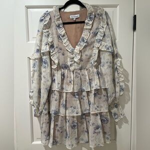 En Saison Floral Ruffle Dress in Blue and Cream